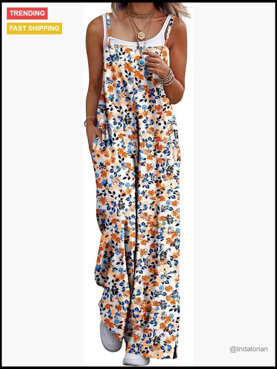 Pants - Women's Summer Boho Cotton Casual Jumpsuit Wide Leg Overalls Floral Print Baggy